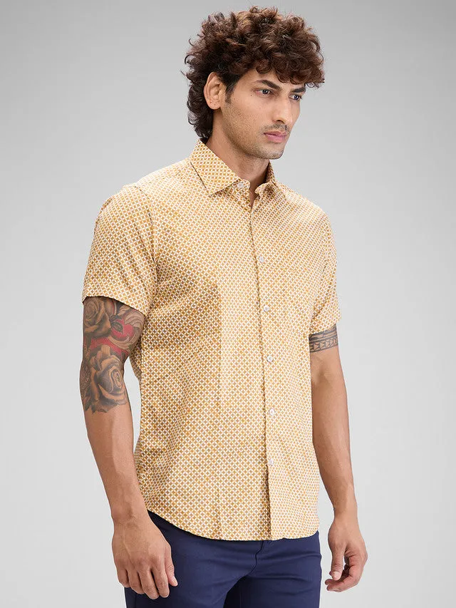 Colorplus Yellow Printed Tailored Fit Cotton Casual Shirt