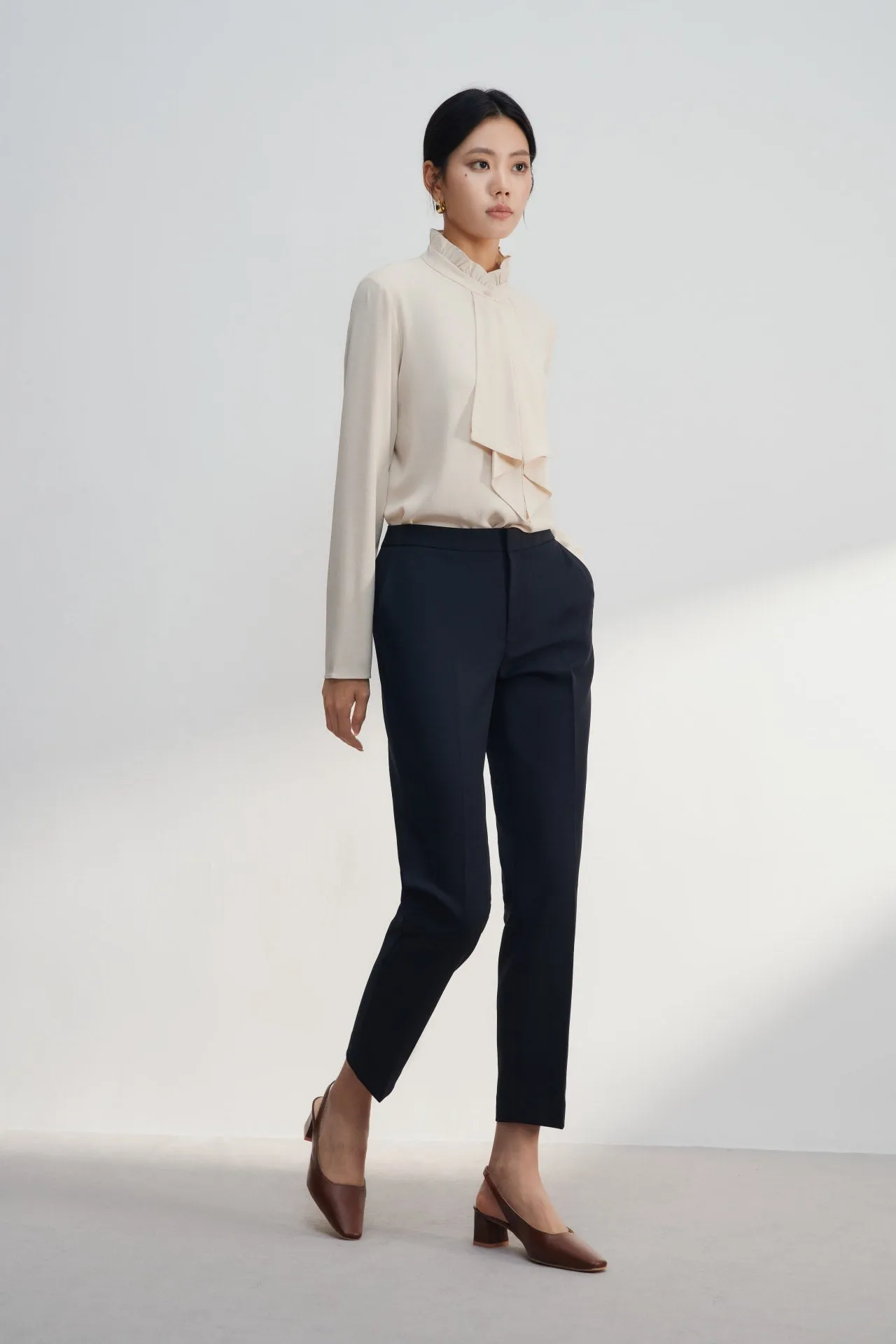 Crepe Ruffled Stand Collar Blouse With Double Tie Detail