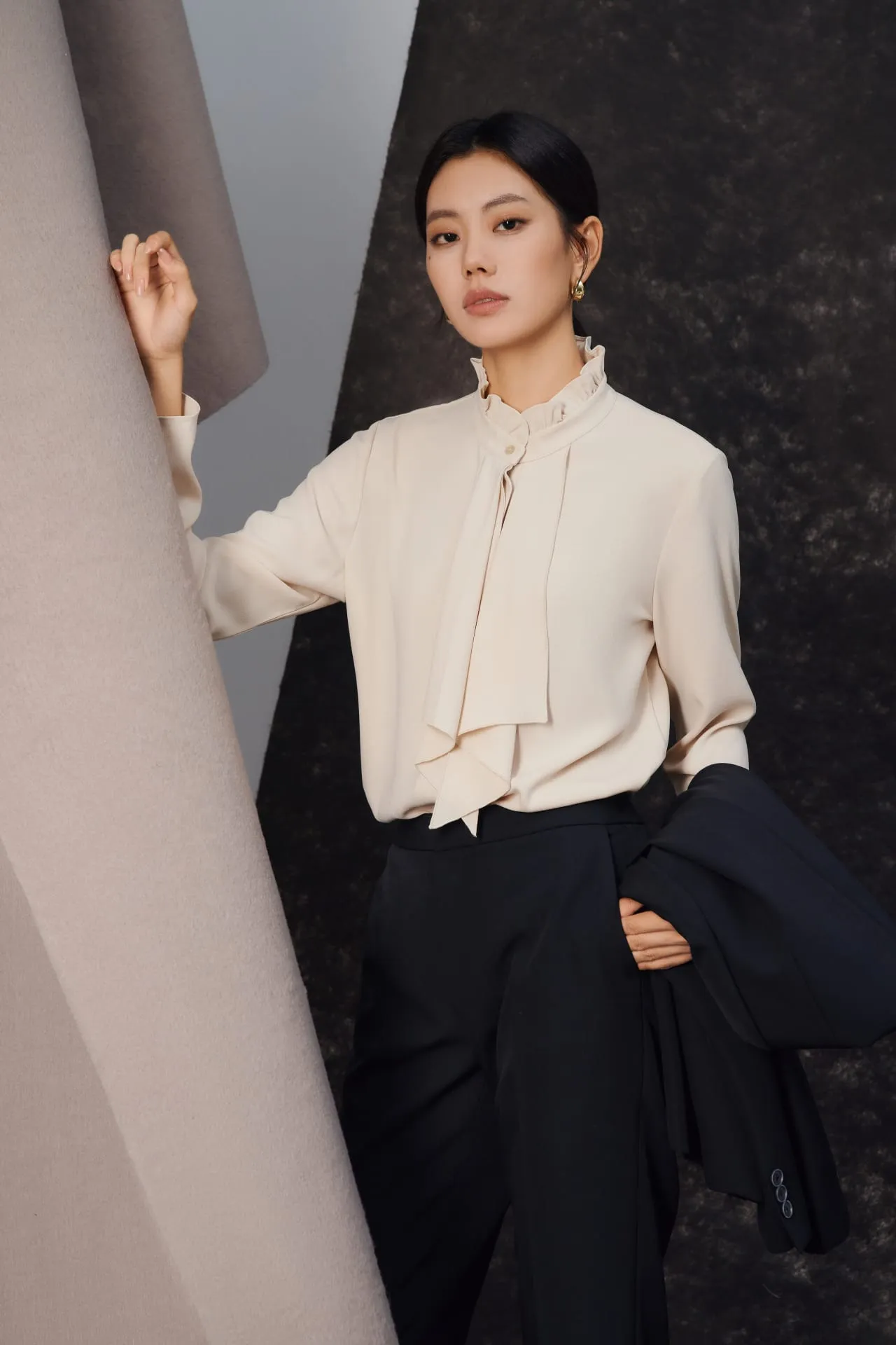 Crepe Ruffled Stand Collar Blouse With Double Tie Detail