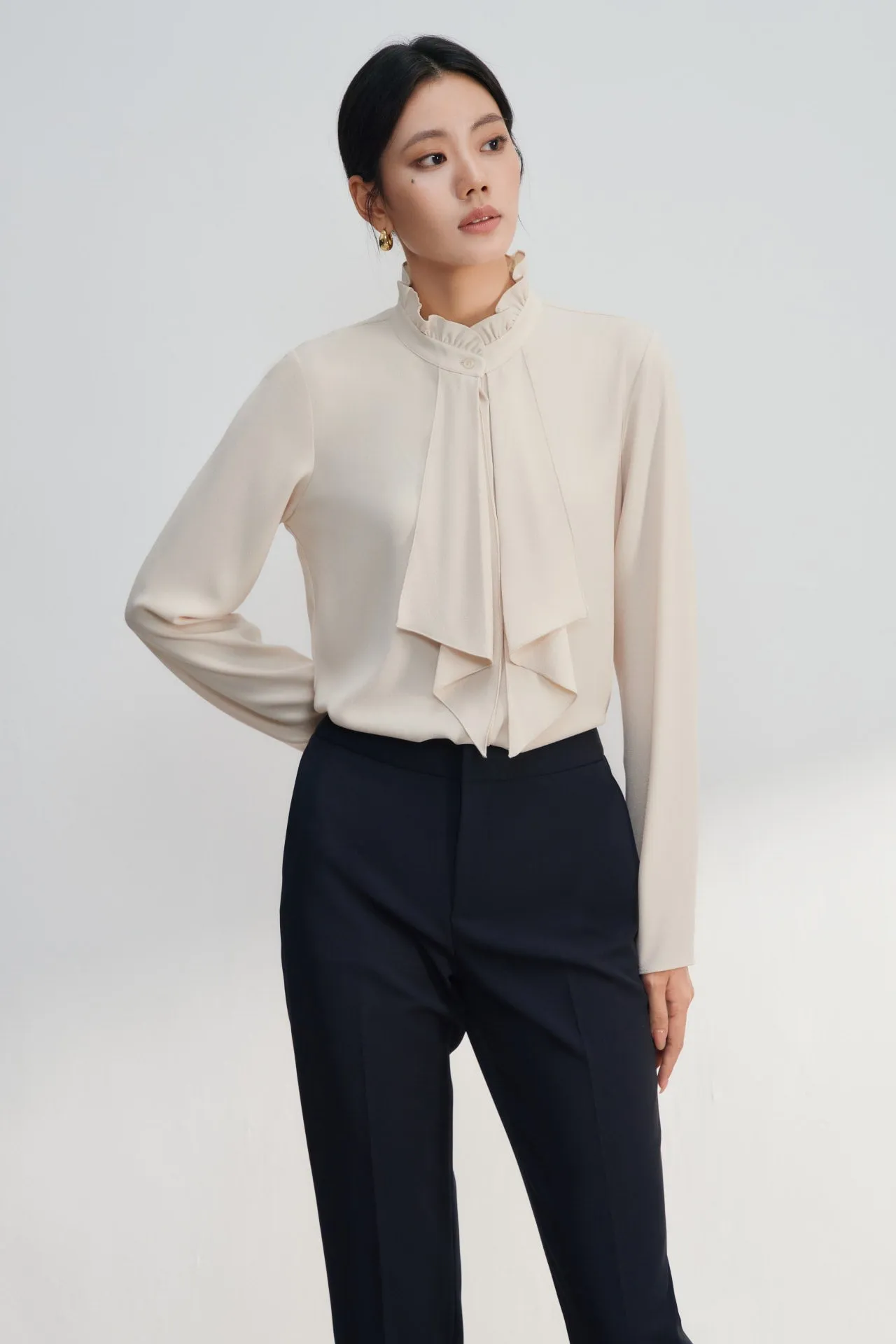 Crepe Ruffled Stand Collar Blouse With Double Tie Detail