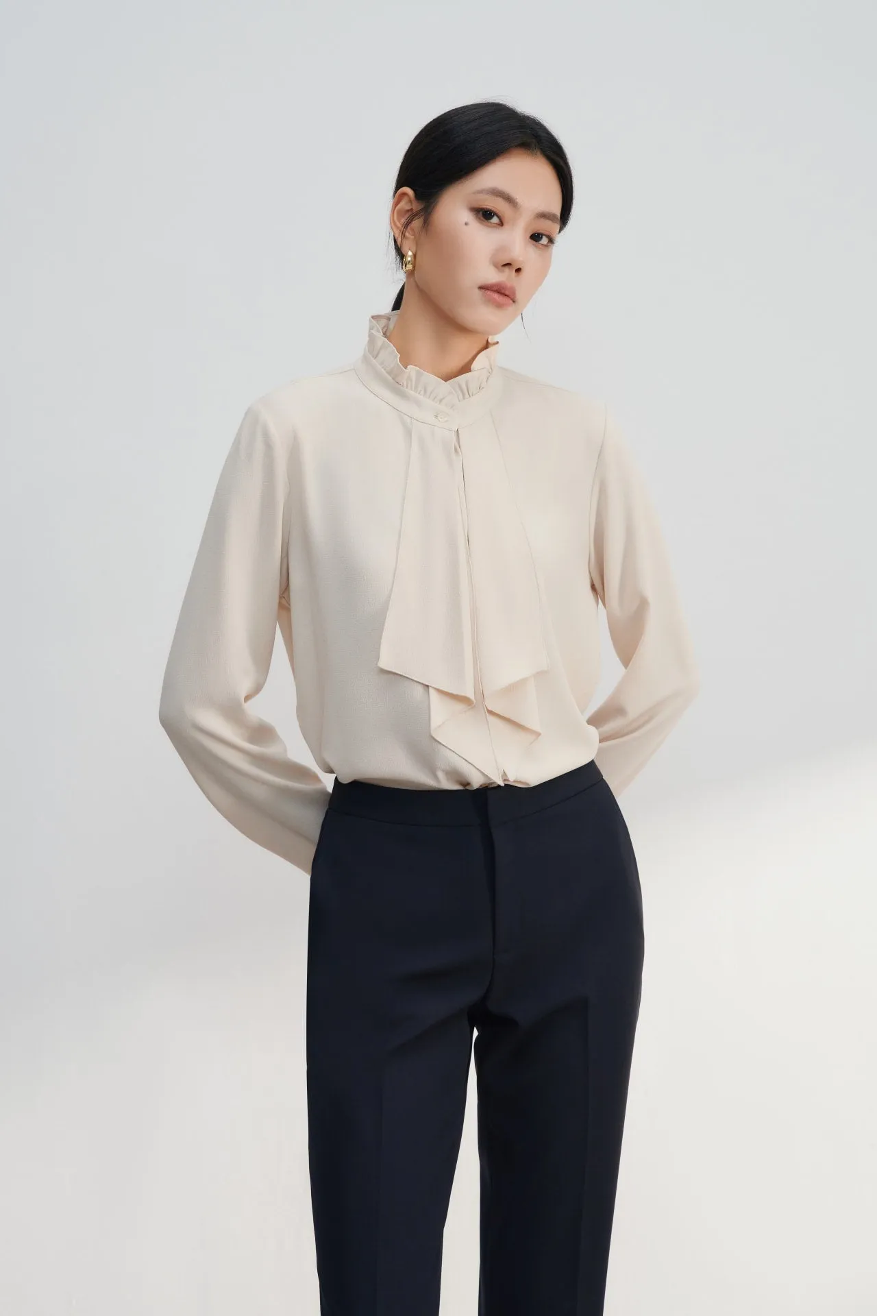 Crepe Ruffled Stand Collar Blouse With Double Tie Detail