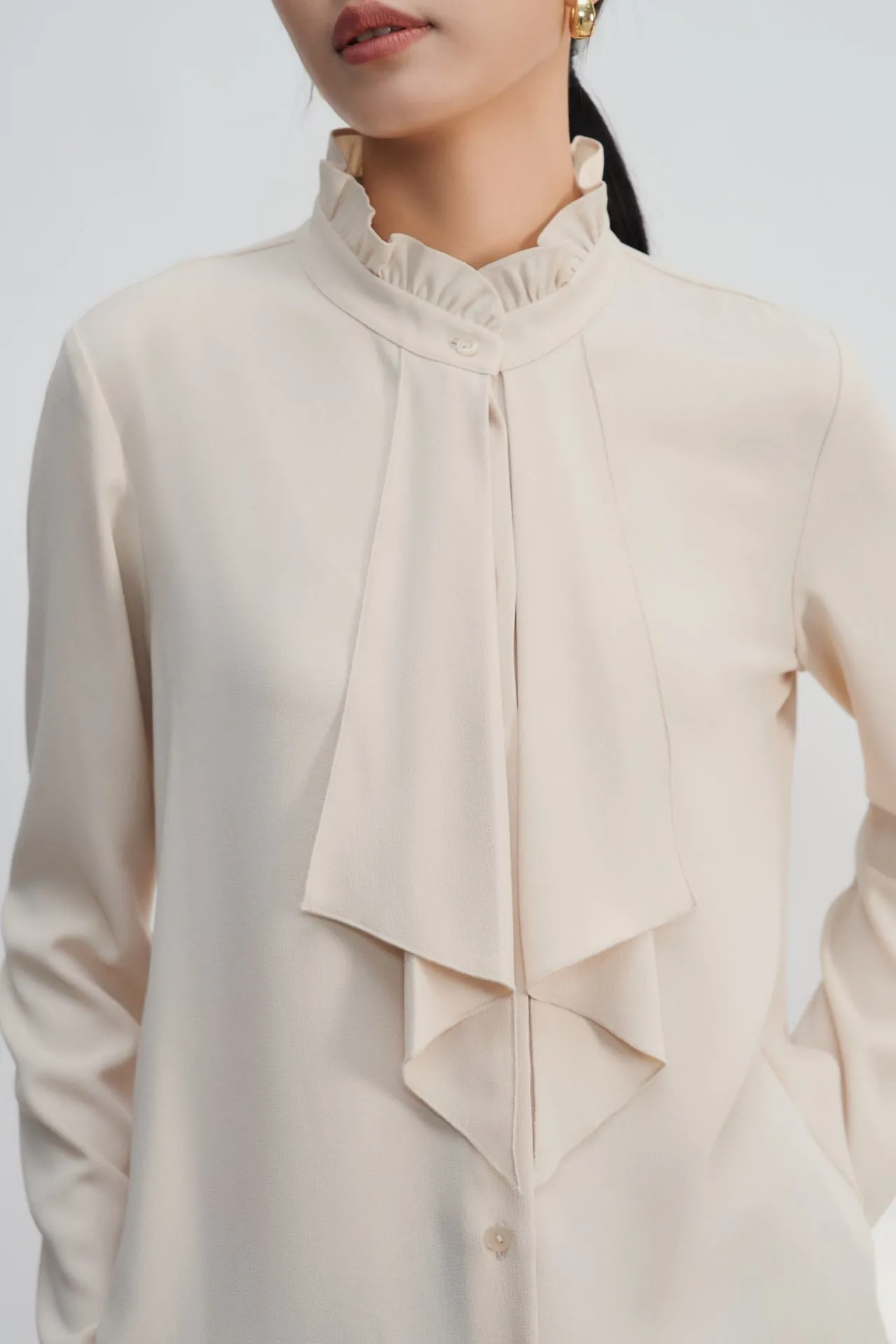 Crepe Ruffled Stand Collar Blouse With Double Tie Detail
