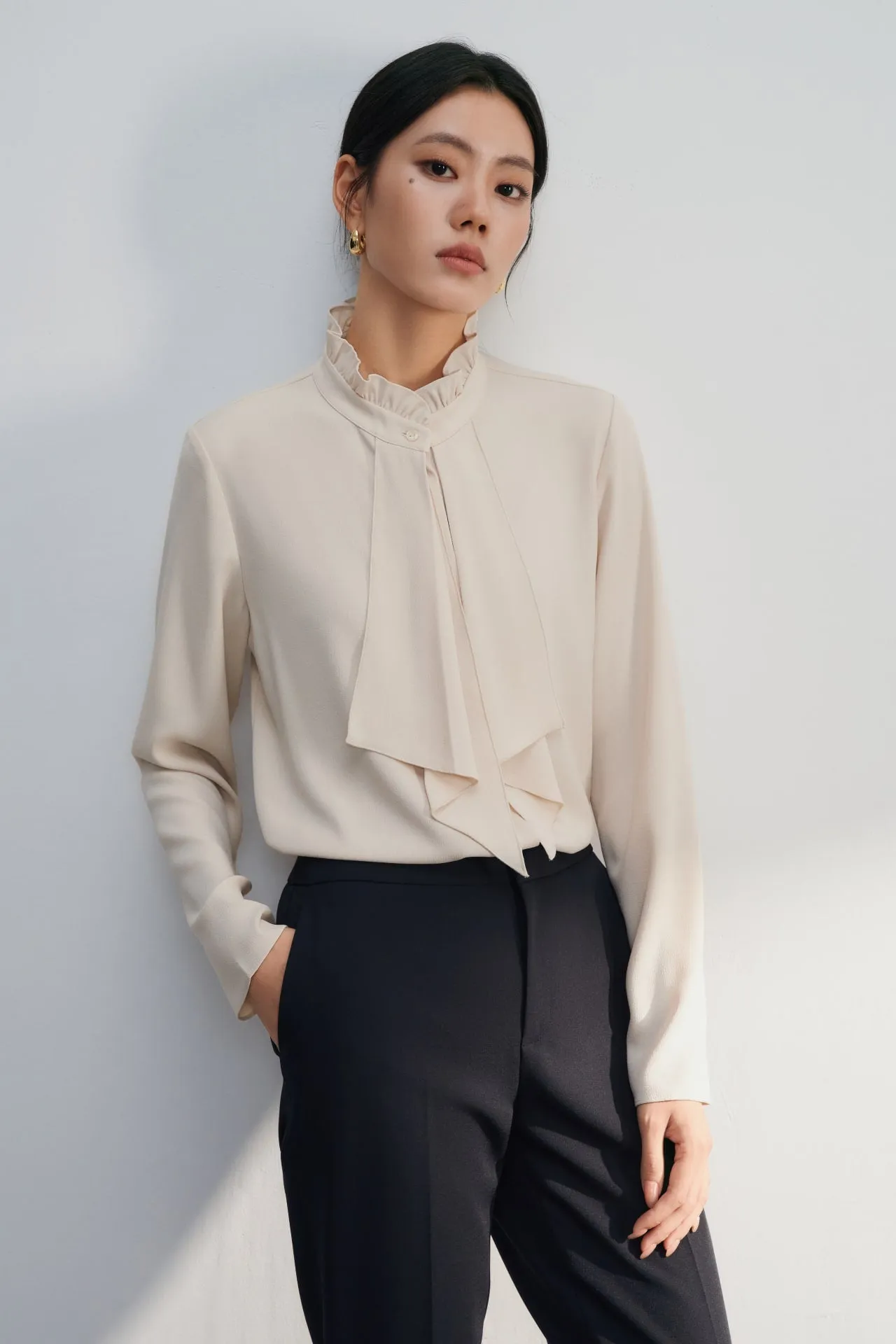 Crepe Ruffled Stand Collar Blouse With Double Tie Detail