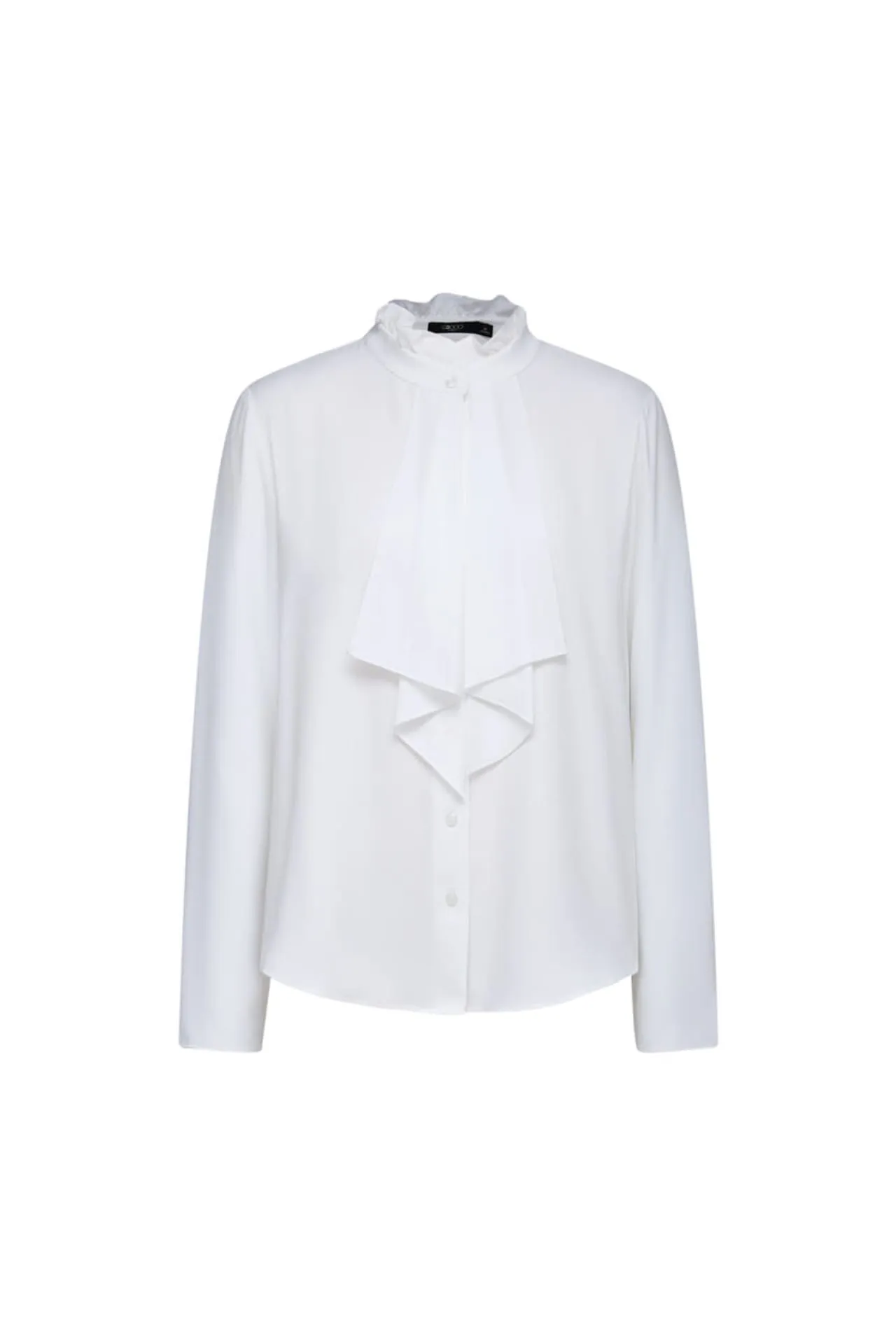 Crepe Ruffled Stand Collar Blouse With Double Tie Detail