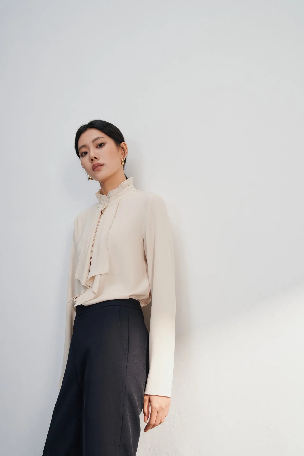Crepe Ruffled Stand Collar Blouse With Double Tie Detail