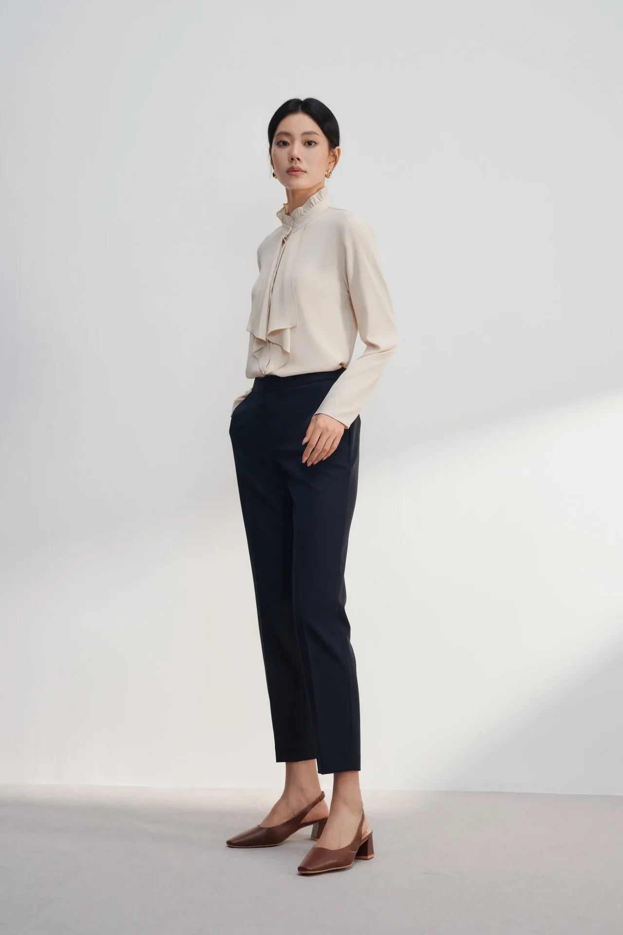 Crepe Ruffled Stand Collar Blouse With Double Tie Detail