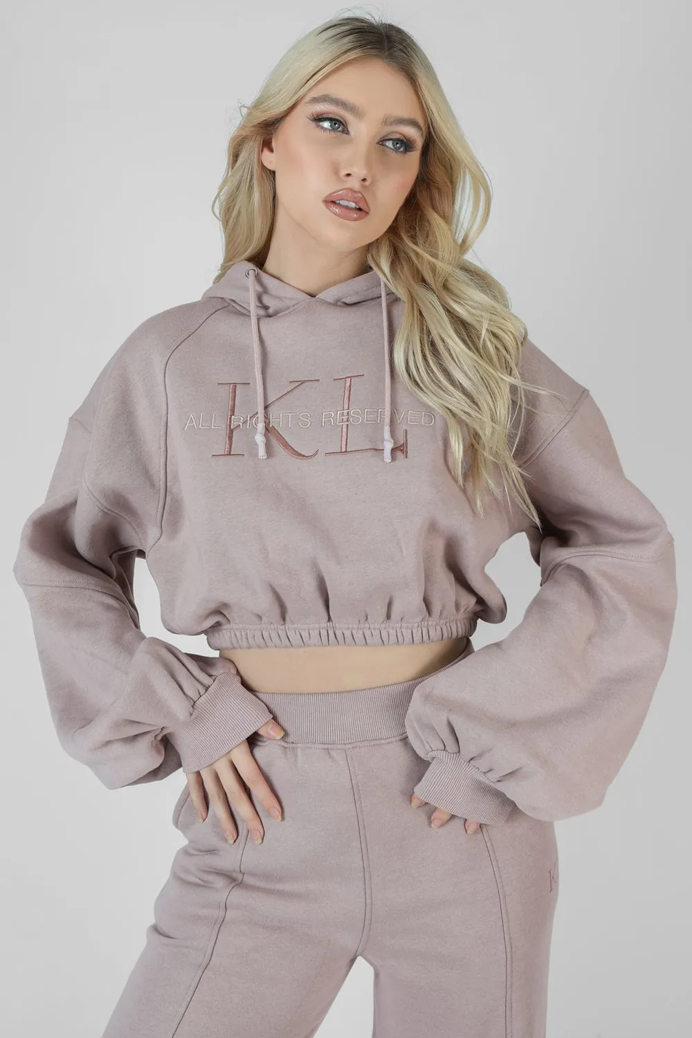 Cropped Tonal Embroidery Hoodie Ash