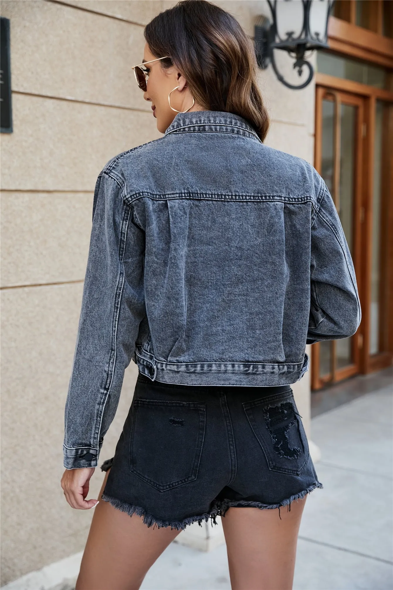 Denim Jacket Collared Neck Long Sleeve Cropped Jean Jacket