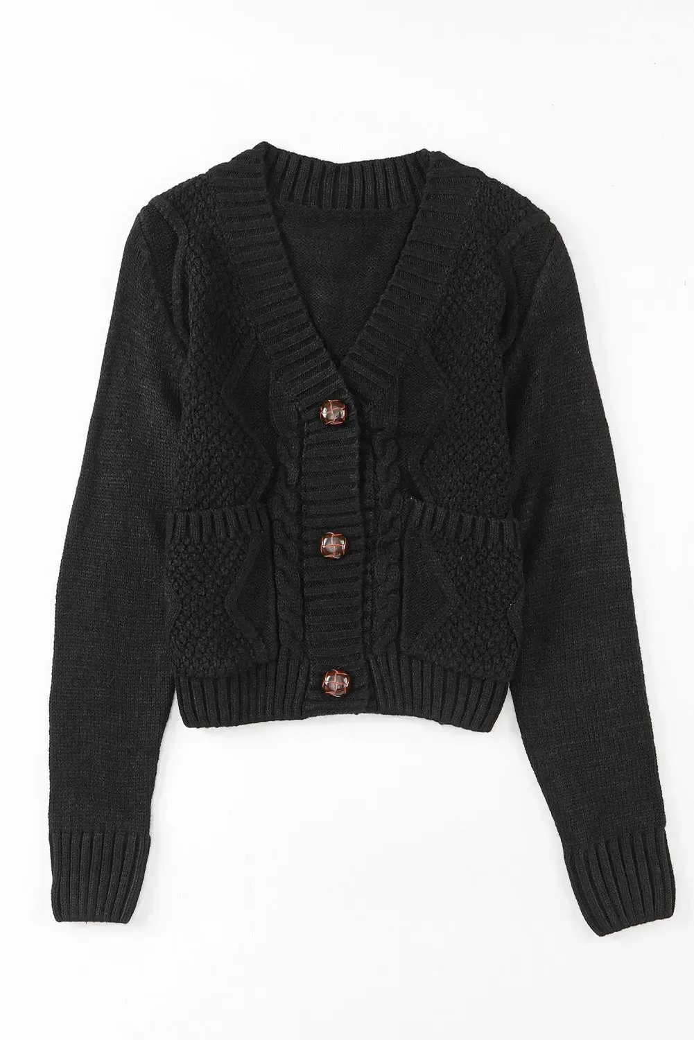 Elegant Textured Black Cardigan with Practical Pockets and Button Front