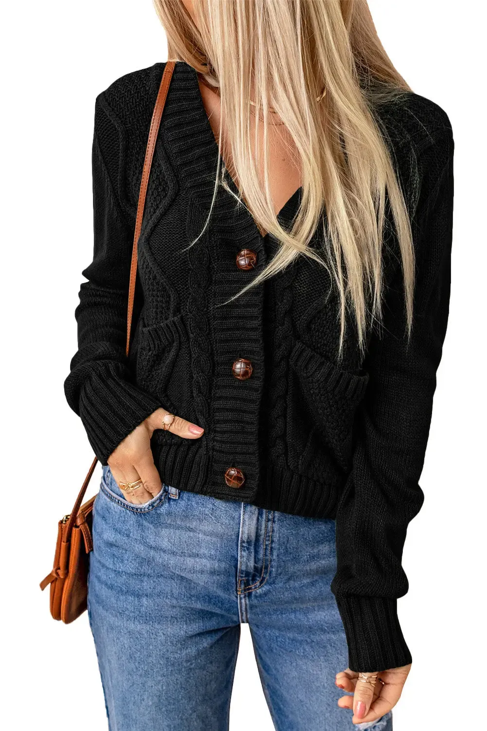 Elegant Textured Black Cardigan with Practical Pockets and Button Front