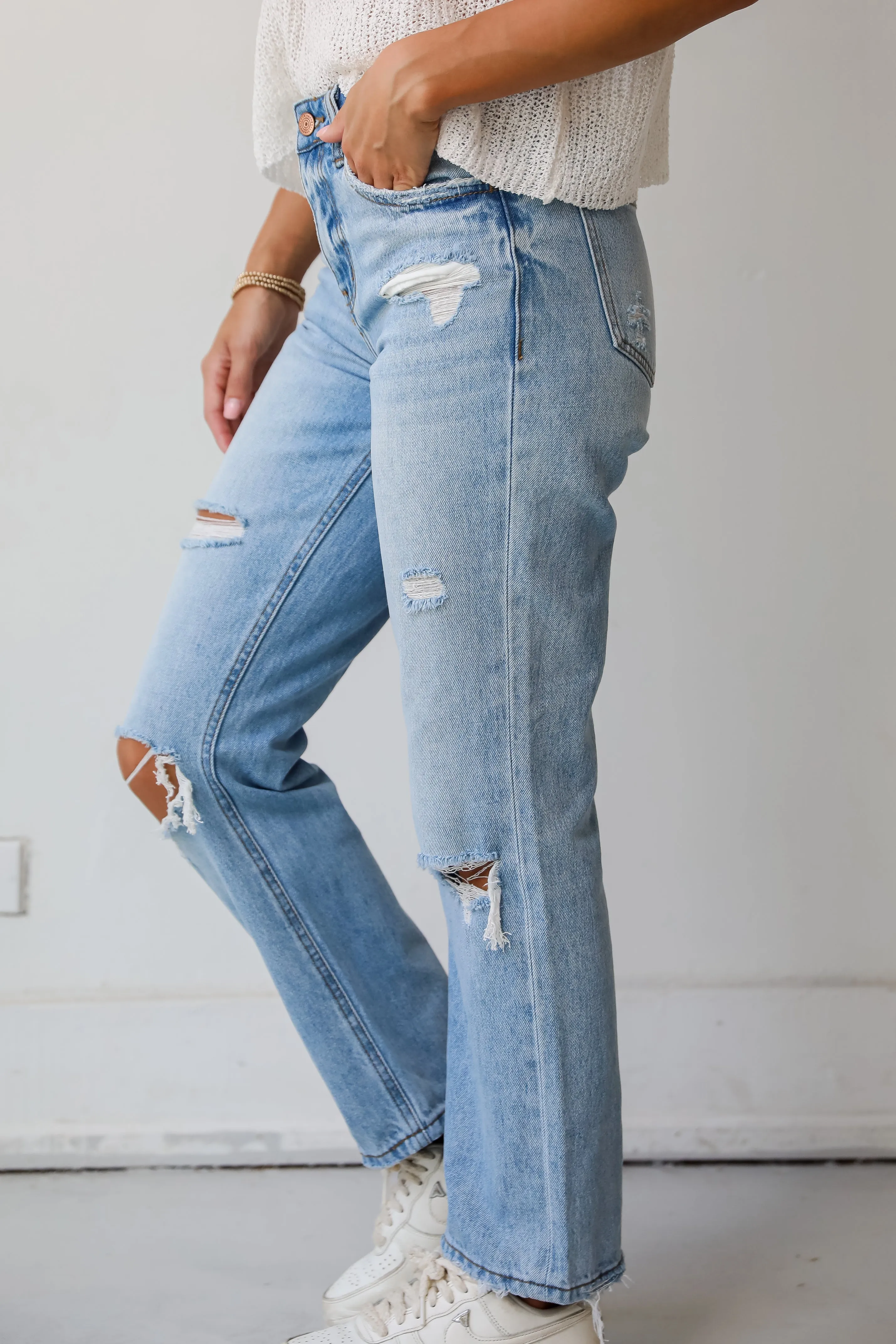 Eliza Medium Wash High-Rise Straight Leg Distressed Jeans