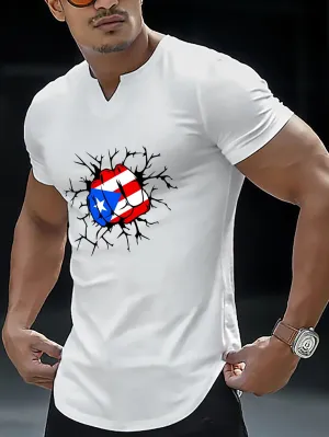 Fist With Flag Pattern Print Men's Comfy V-Neck Medium Stretch T-shirt, Graphic Tee Men's Summer Clothes, Men's Outfits
