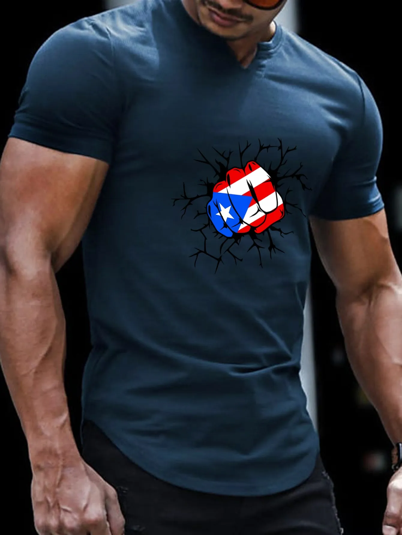 Fist With Flag Pattern Print Men's Comfy V-Neck Medium Stretch T-shirt, Graphic Tee Men's Summer Clothes, Men's Outfits