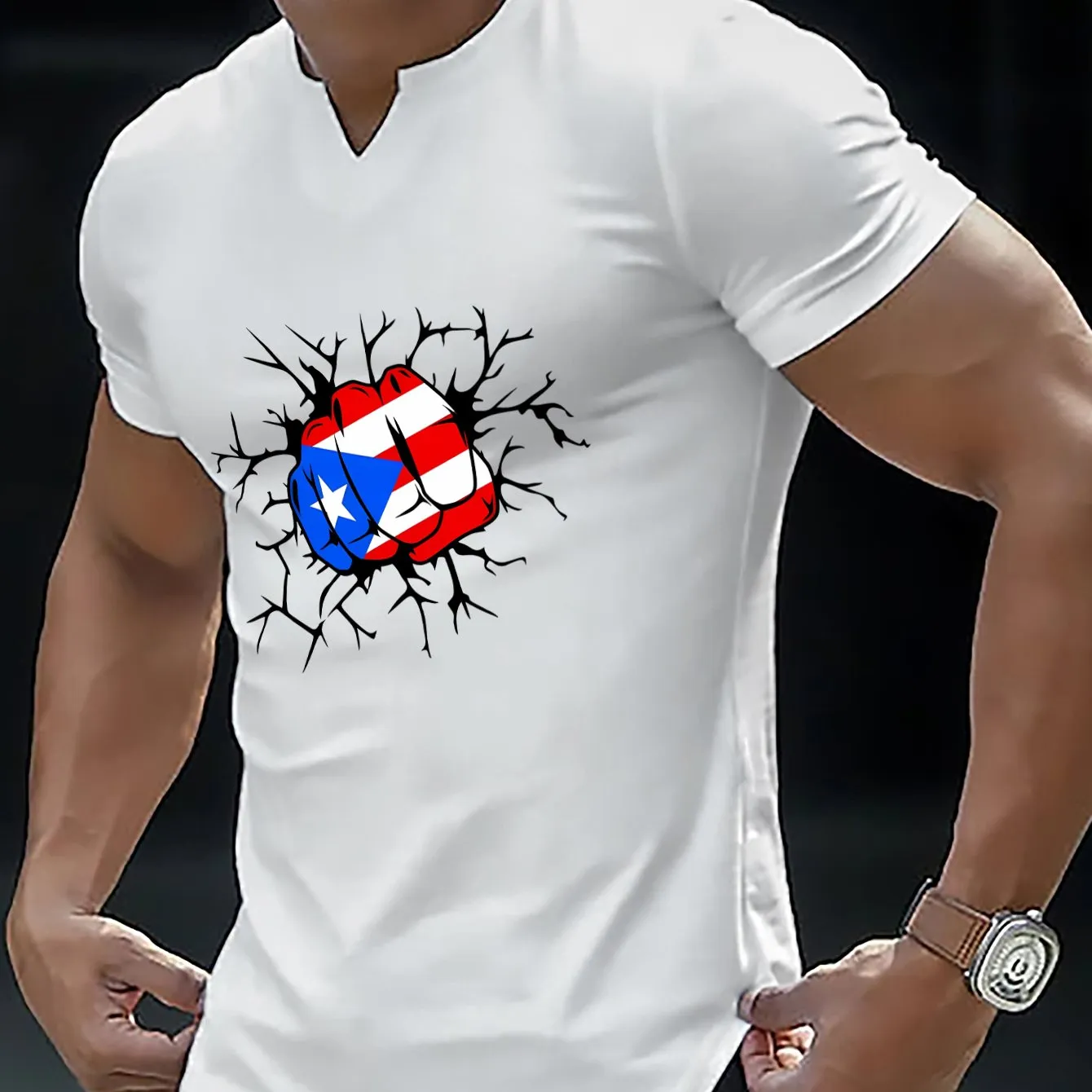 Fist With Flag Pattern Print Men's Comfy V-Neck Medium Stretch T-shirt, Graphic Tee Men's Summer Clothes, Men's Outfits