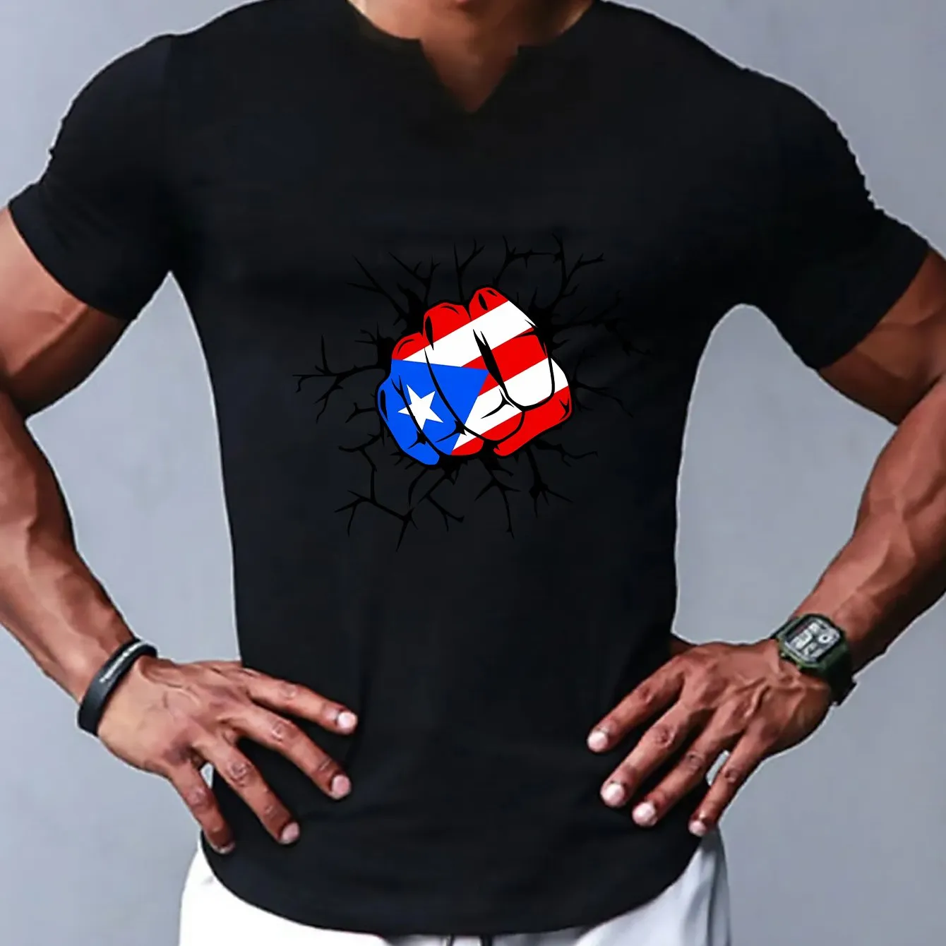 Fist With Flag Pattern Print Men's Comfy V-Neck Medium Stretch T-shirt, Graphic Tee Men's Summer Clothes, Men's Outfits