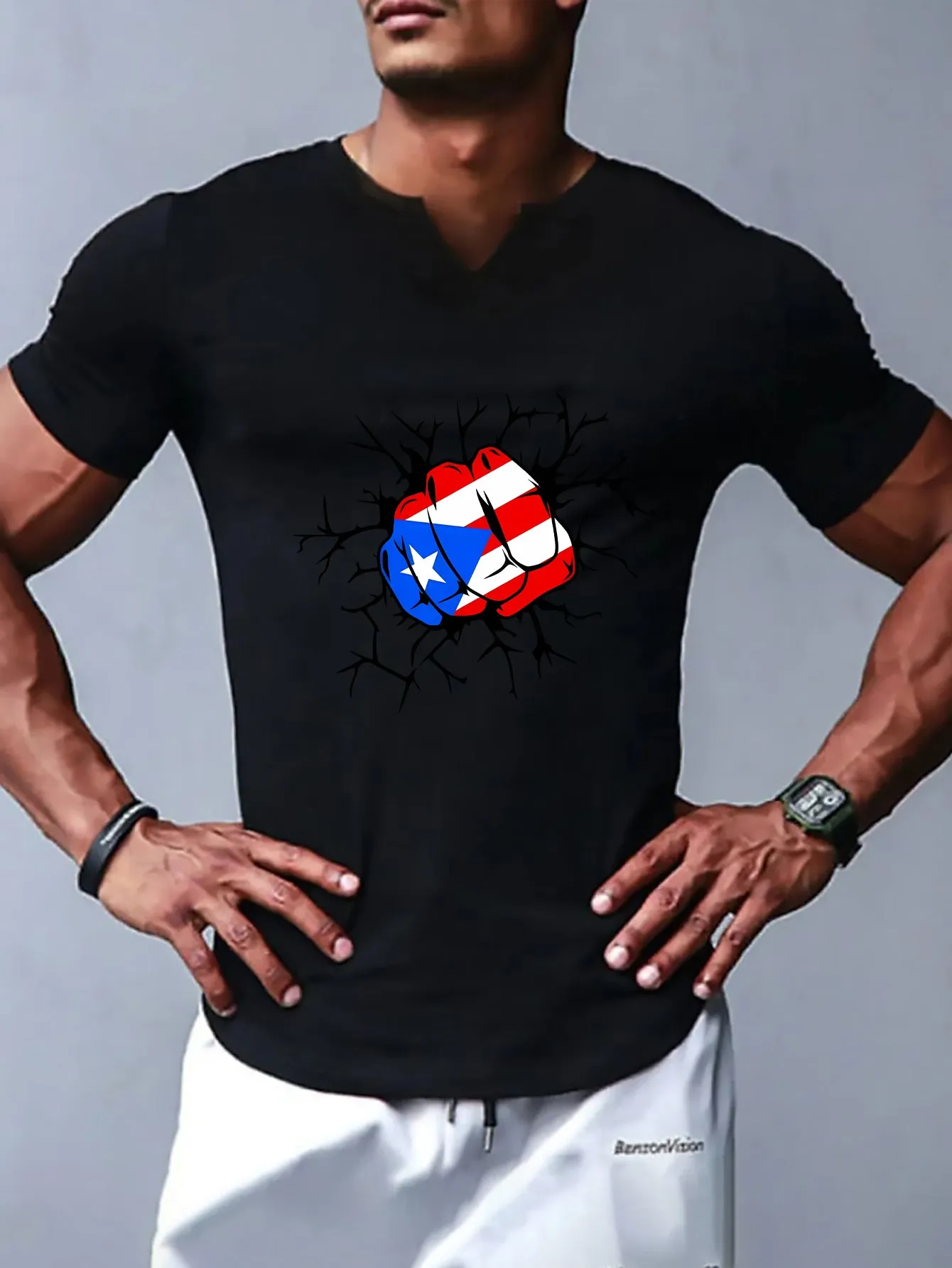 Fist With Flag Pattern Print Men's Comfy V-Neck Medium Stretch T-shirt, Graphic Tee Men's Summer Clothes, Men's Outfits