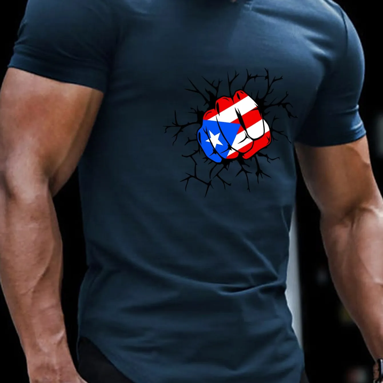 Fist With Flag Pattern Print Men's Comfy V-Neck Medium Stretch T-shirt, Graphic Tee Men's Summer Clothes, Men's Outfits