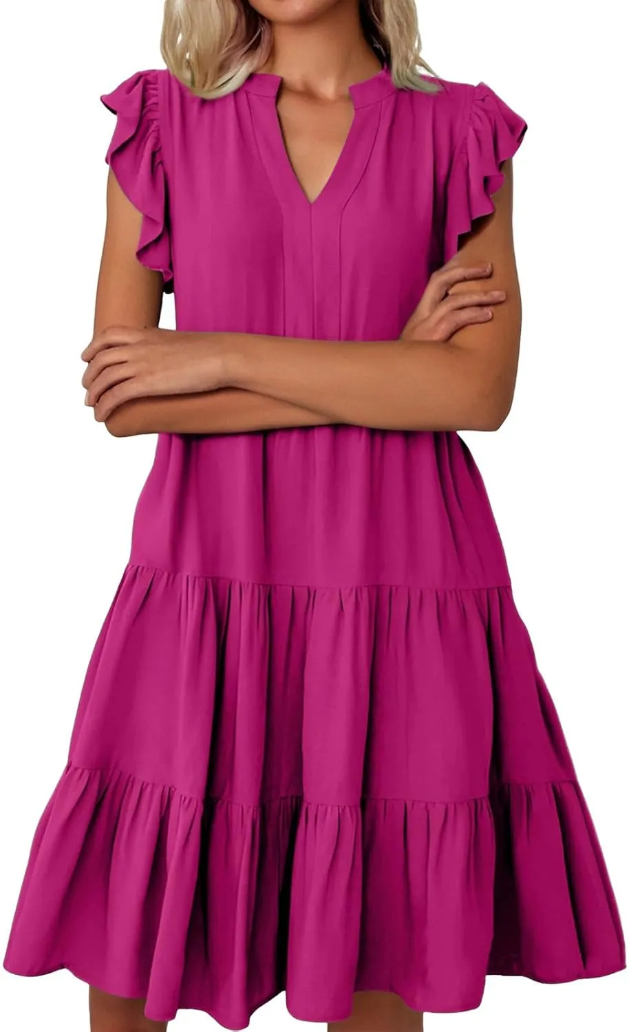 Flowy Swing Tiered Dress Women Summer V Neck Flutter Sleeve Dress with Pocket Vacation Casual Boho Beach Midi Dresses