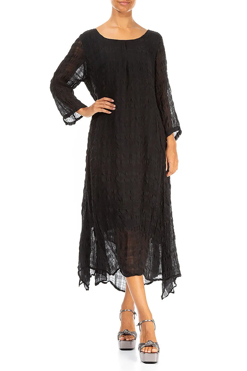 Flowy Tie Up Black Textured Silk Dress