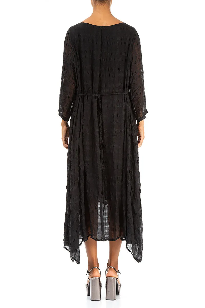 Flowy Tie Up Black Textured Silk Dress
