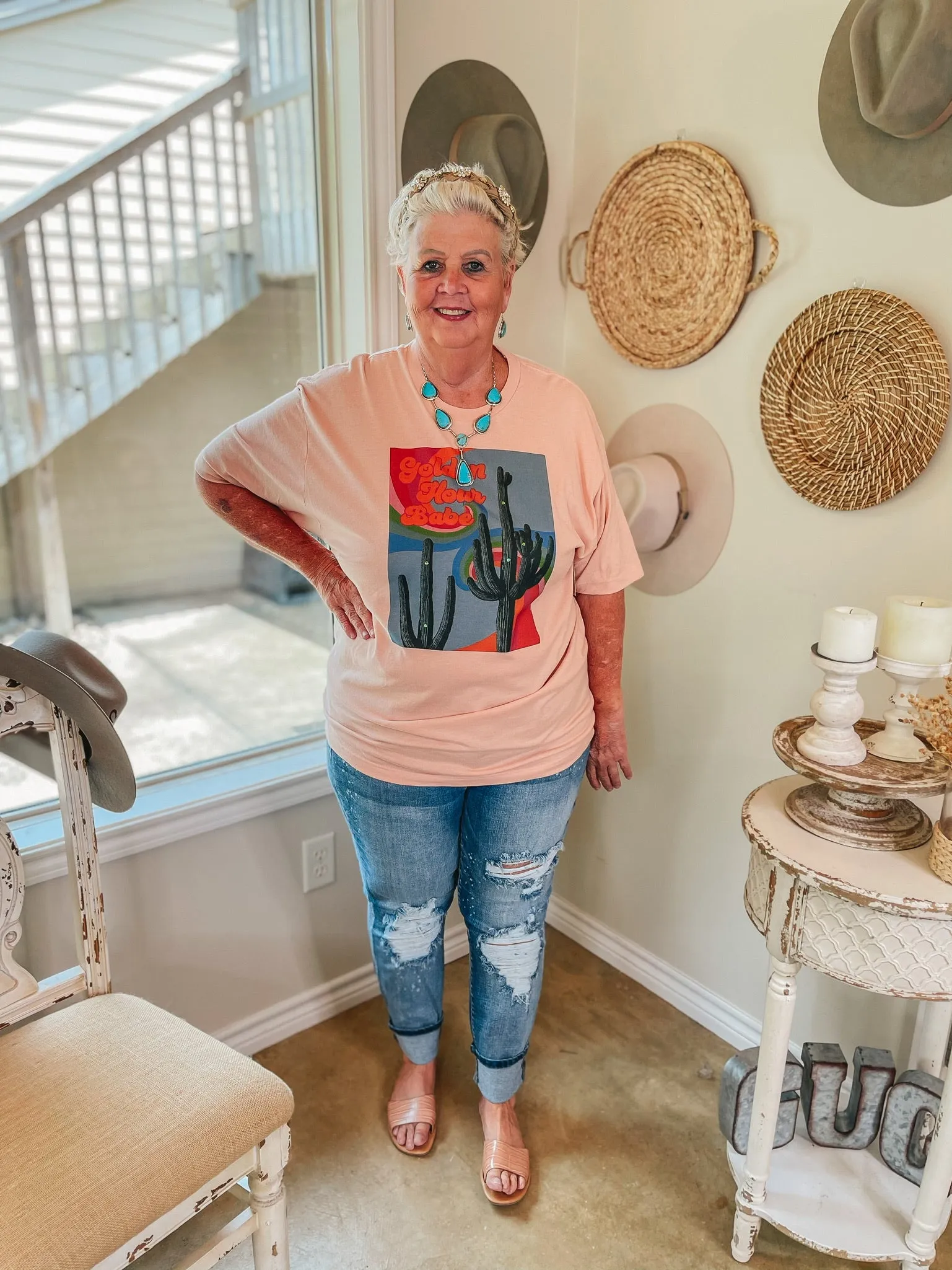 Golden Hour Babe Short Sleeve Saguaro Graphic Tee in Peach Pink