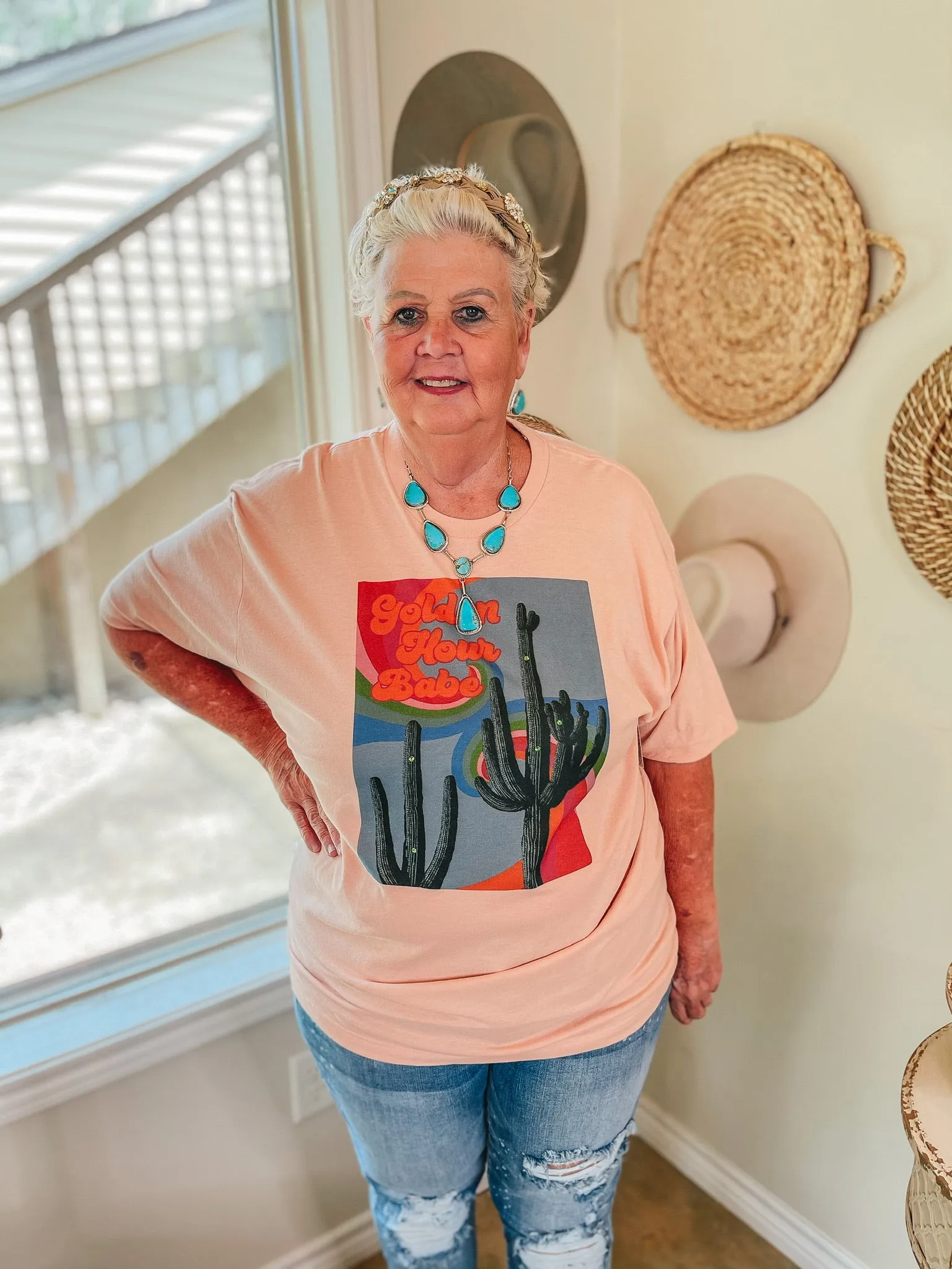 Golden Hour Babe Short Sleeve Saguaro Graphic Tee in Peach Pink