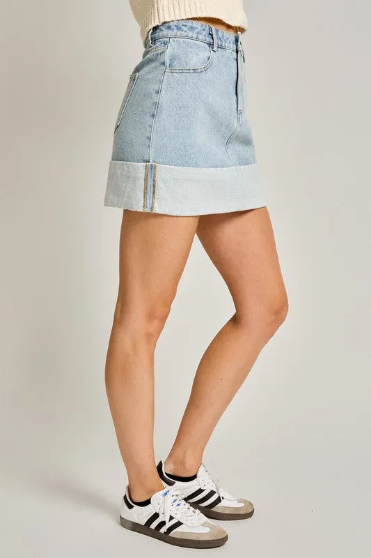 High Waisted Cuffed Denim Mini Skirt