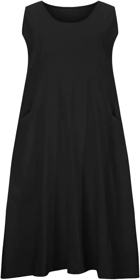 hlysgo Summer Dresses for Women 2025 Vacation Beach Cotton Linen Dress Flowy Comfy Sleeveless Mini Sundress with Pockets