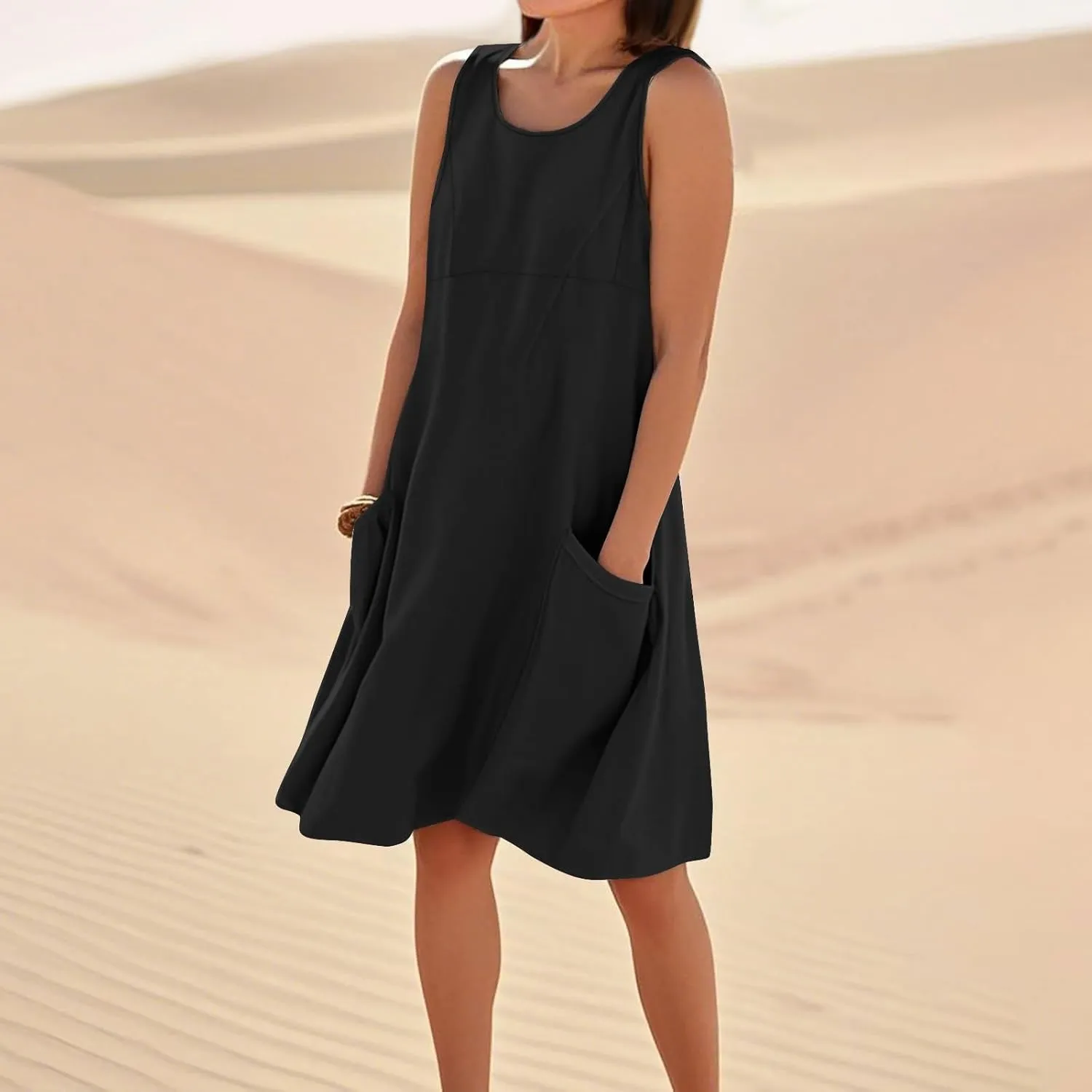 hlysgo Summer Dresses for Women 2025 Vacation Beach Cotton Linen Dress Flowy Comfy Sleeveless Mini Sundress with Pockets