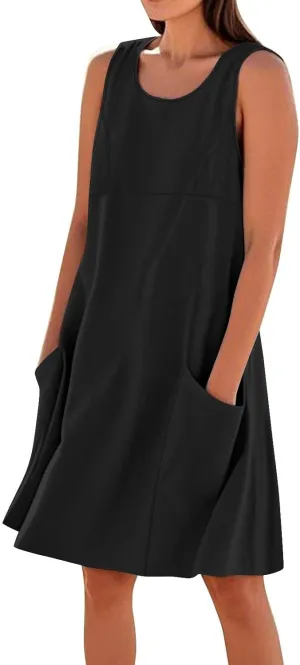 hlysgo Summer Dresses for Women 2025 Vacation Beach Cotton Linen Dress Flowy Comfy Sleeveless Mini Sundress with Pockets