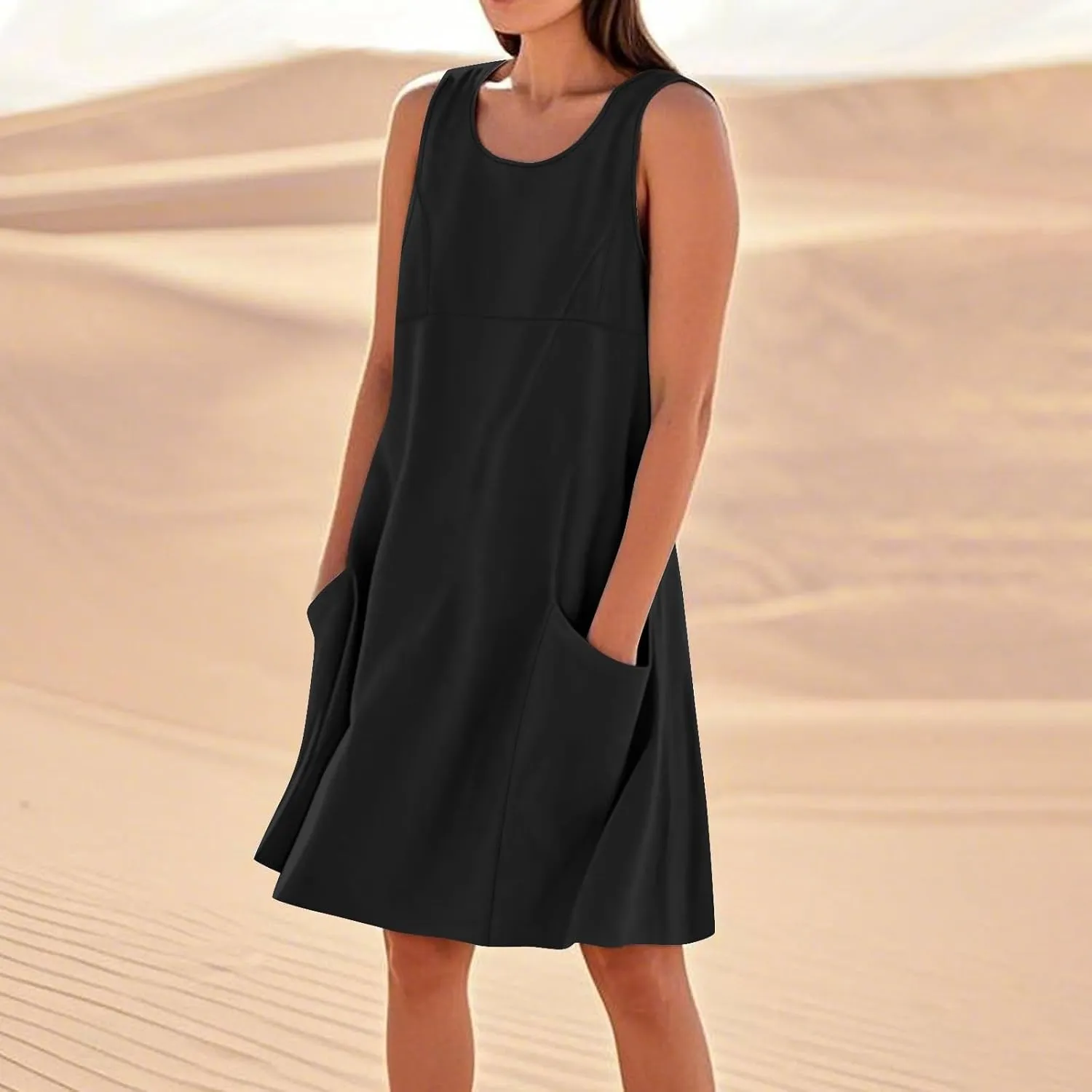 hlysgo Summer Dresses for Women 2025 Vacation Beach Cotton Linen Dress Flowy Comfy Sleeveless Mini Sundress with Pockets