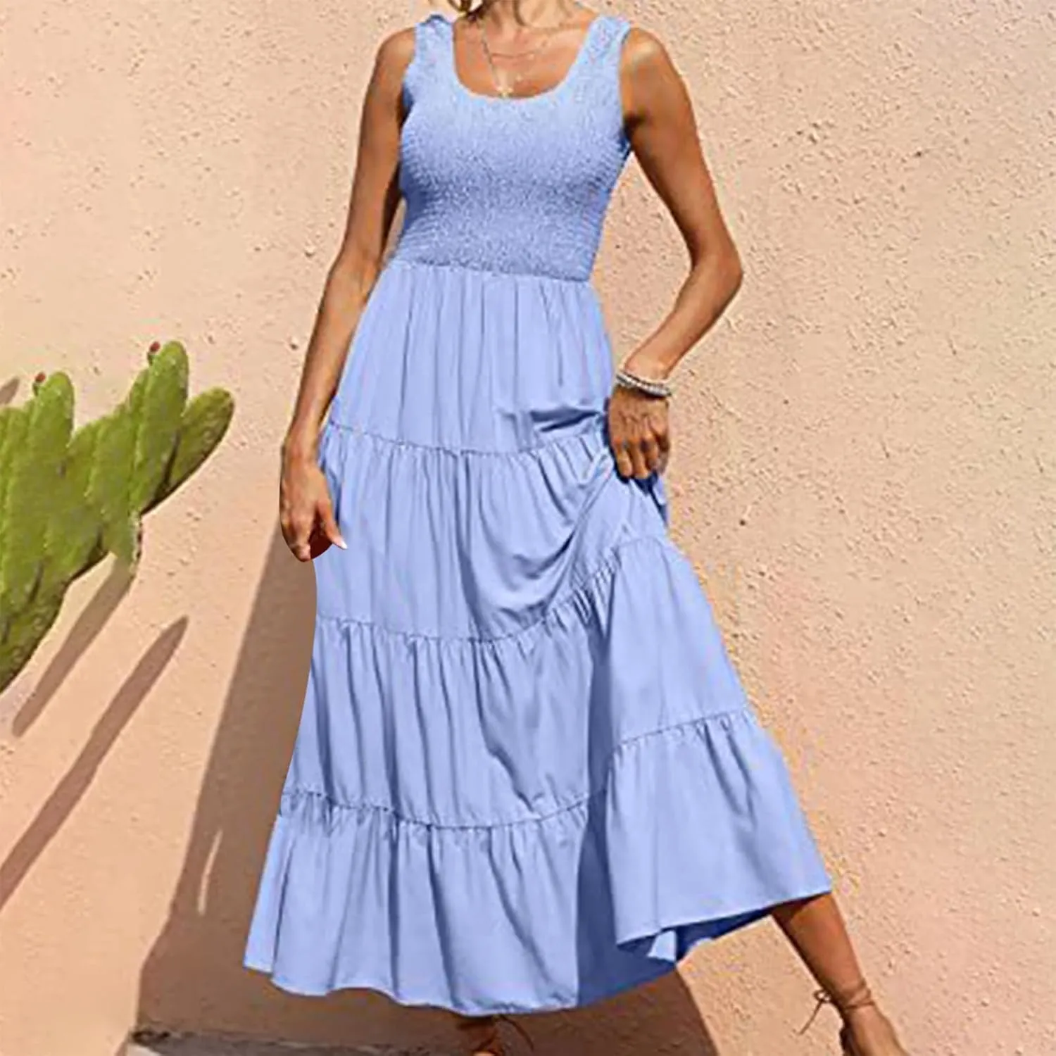 hlysgo Women Summer Dresses Casual Sleeveless Maxi Dresses Smocked High Waist Flowy Tiered Midi Dress Wedding Guest Dress