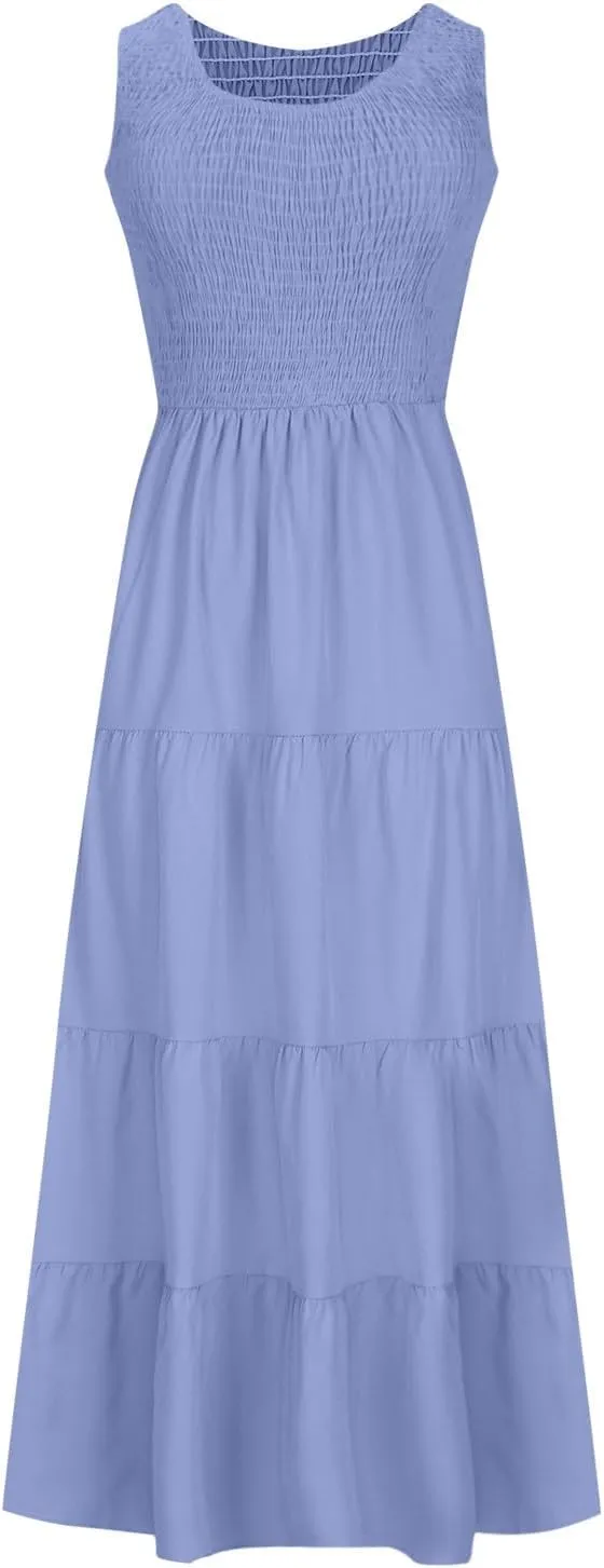 hlysgo Women Summer Dresses Casual Sleeveless Maxi Dresses Smocked High Waist Flowy Tiered Midi Dress Wedding Guest Dress