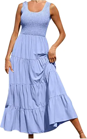 hlysgo Women Summer Dresses Casual Sleeveless Maxi Dresses Smocked High Waist Flowy Tiered Midi Dress Wedding Guest Dress