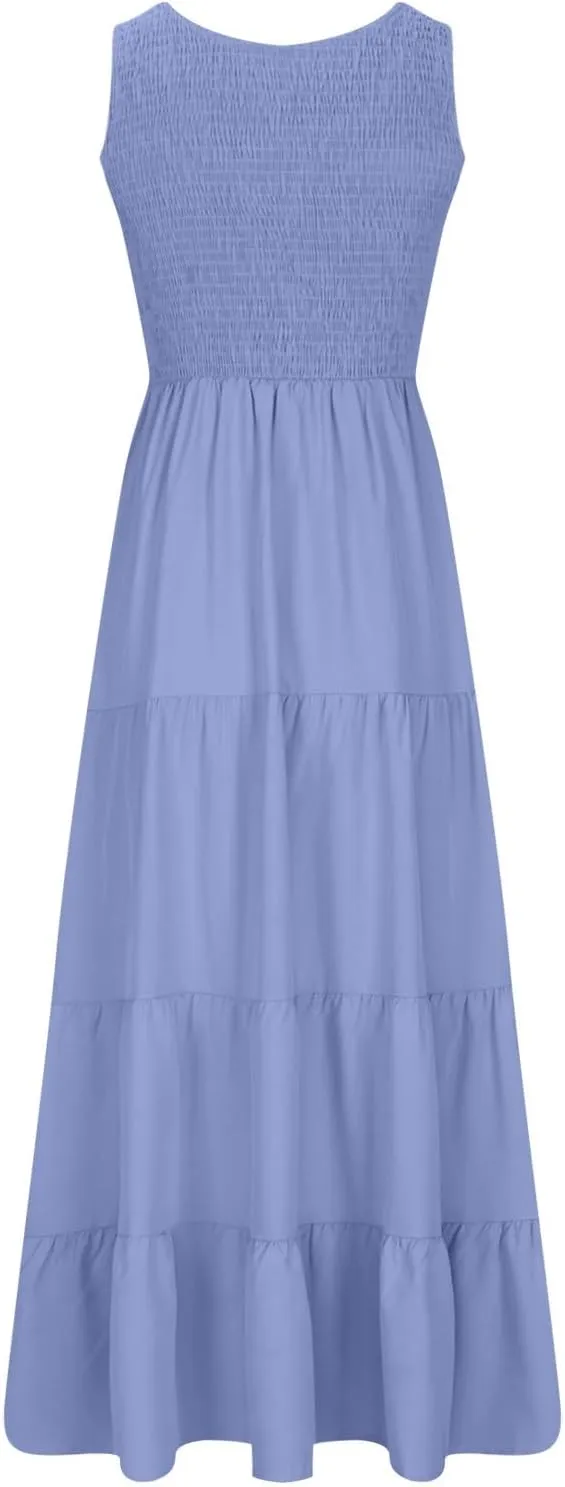 hlysgo Women Summer Dresses Casual Sleeveless Maxi Dresses Smocked High Waist Flowy Tiered Midi Dress Wedding Guest Dress