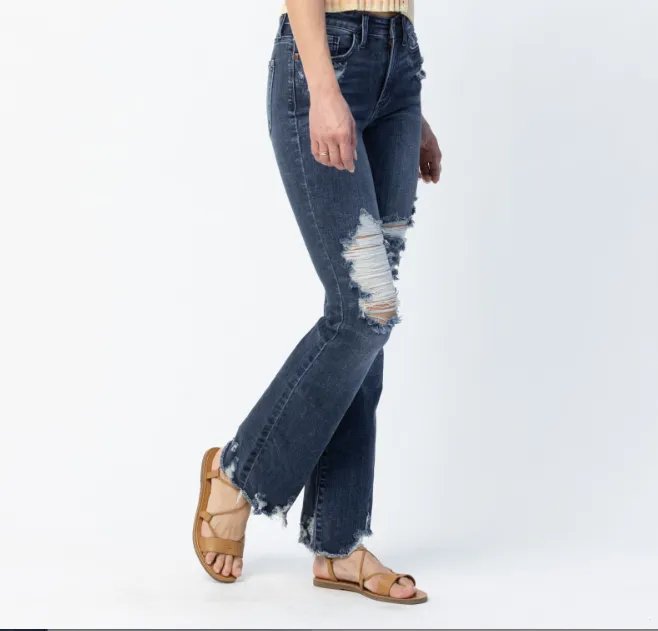 Judy Blue Mid Rise Distressed Dark Wash Slim Bootcut Jean
