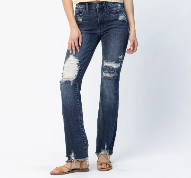 Judy Blue Mid Rise Distressed Dark Wash Slim Bootcut Jean
