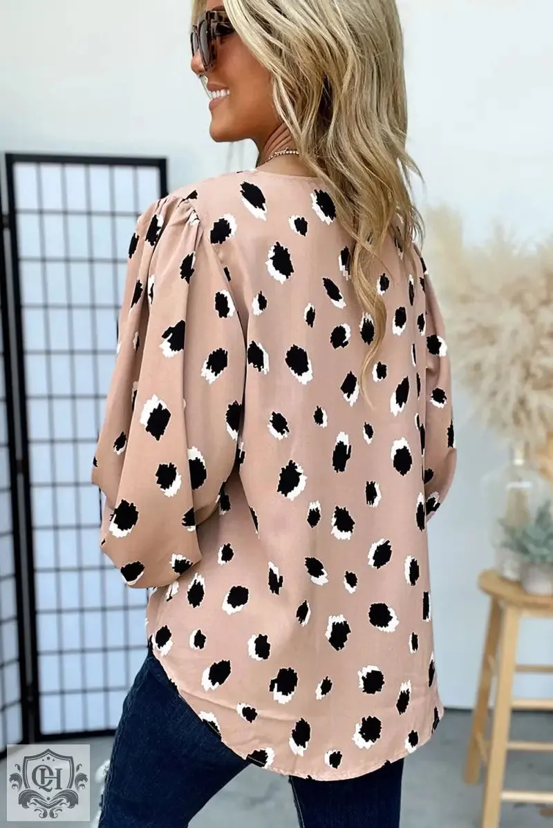Khaki Classic Leopard V Neck Bracelet Sleeve Blouse