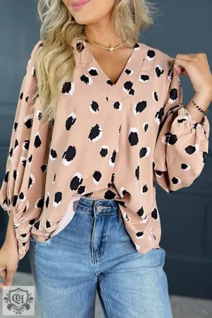Khaki Classic Leopard V Neck Bracelet Sleeve Blouse
