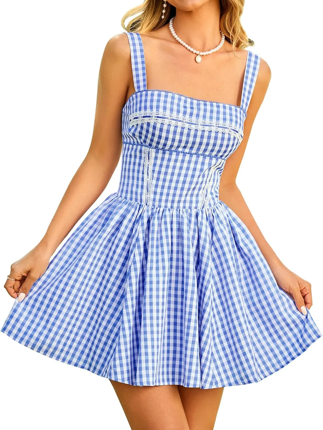 KUTUMAI Summer Gingham Mini Dress Corset Square Neck Lace Up Casual Sundress Flowy A Line Short Dresses for Women 2025