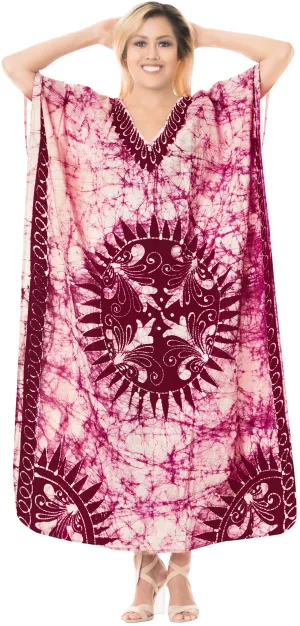 LA LEELA Cotton Batik Printed Women's Kaftan Kimono Summer Beachwear Cover up Dress OSFM 14-18W [L- 2X] Maroon_Q325