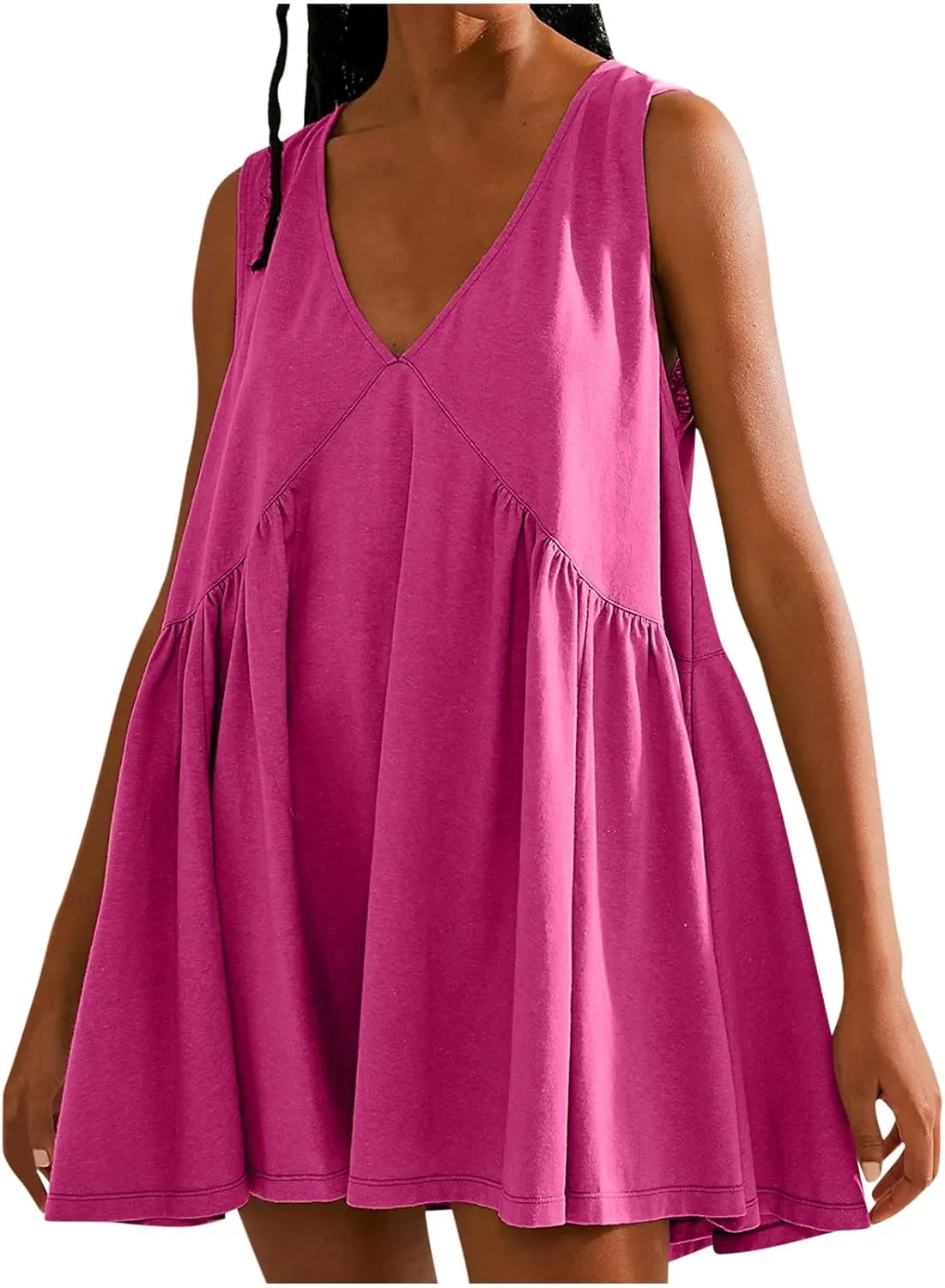 lcepcy Womens Summer Sleeveless Mini Sundress Casual Loose V Neck Swing Flowy Beach Dress with Pocket Pleated Dresses