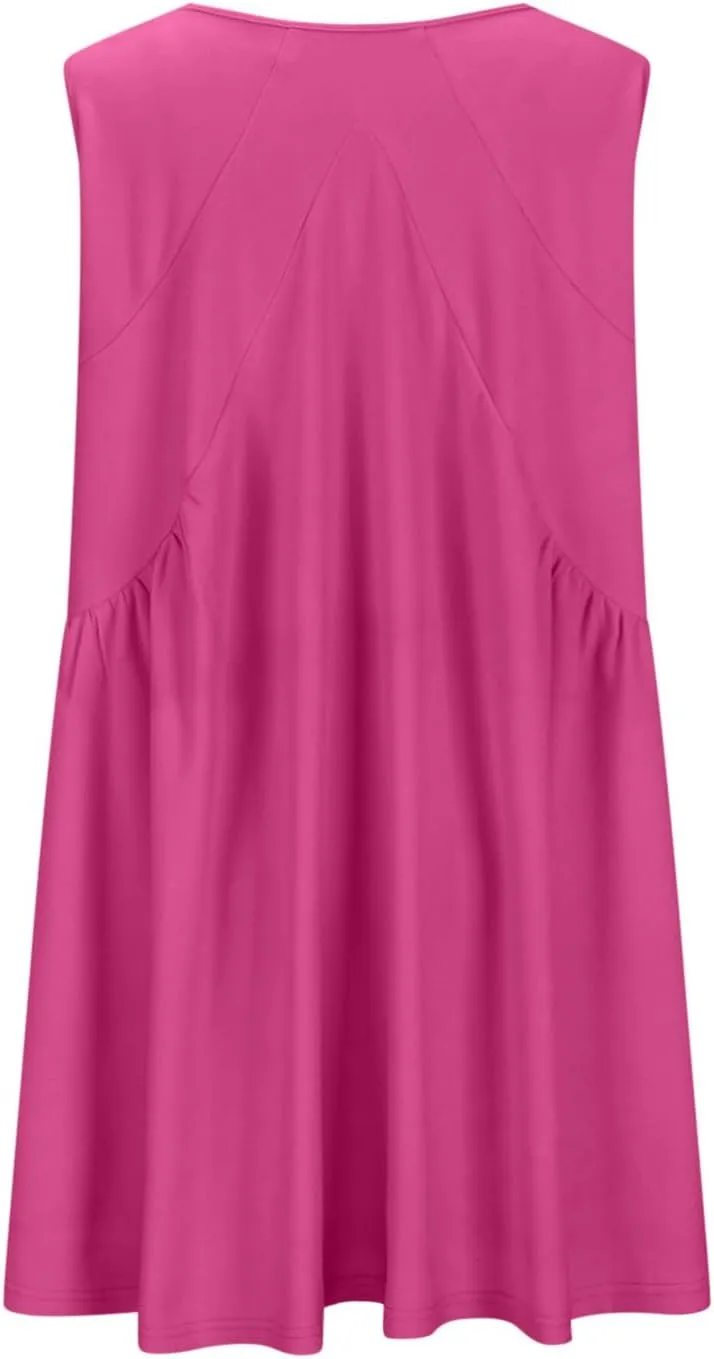 lcepcy Womens Summer Sleeveless Mini Sundress Casual Loose V Neck Swing Flowy Beach Dress with Pocket Pleated Dresses
