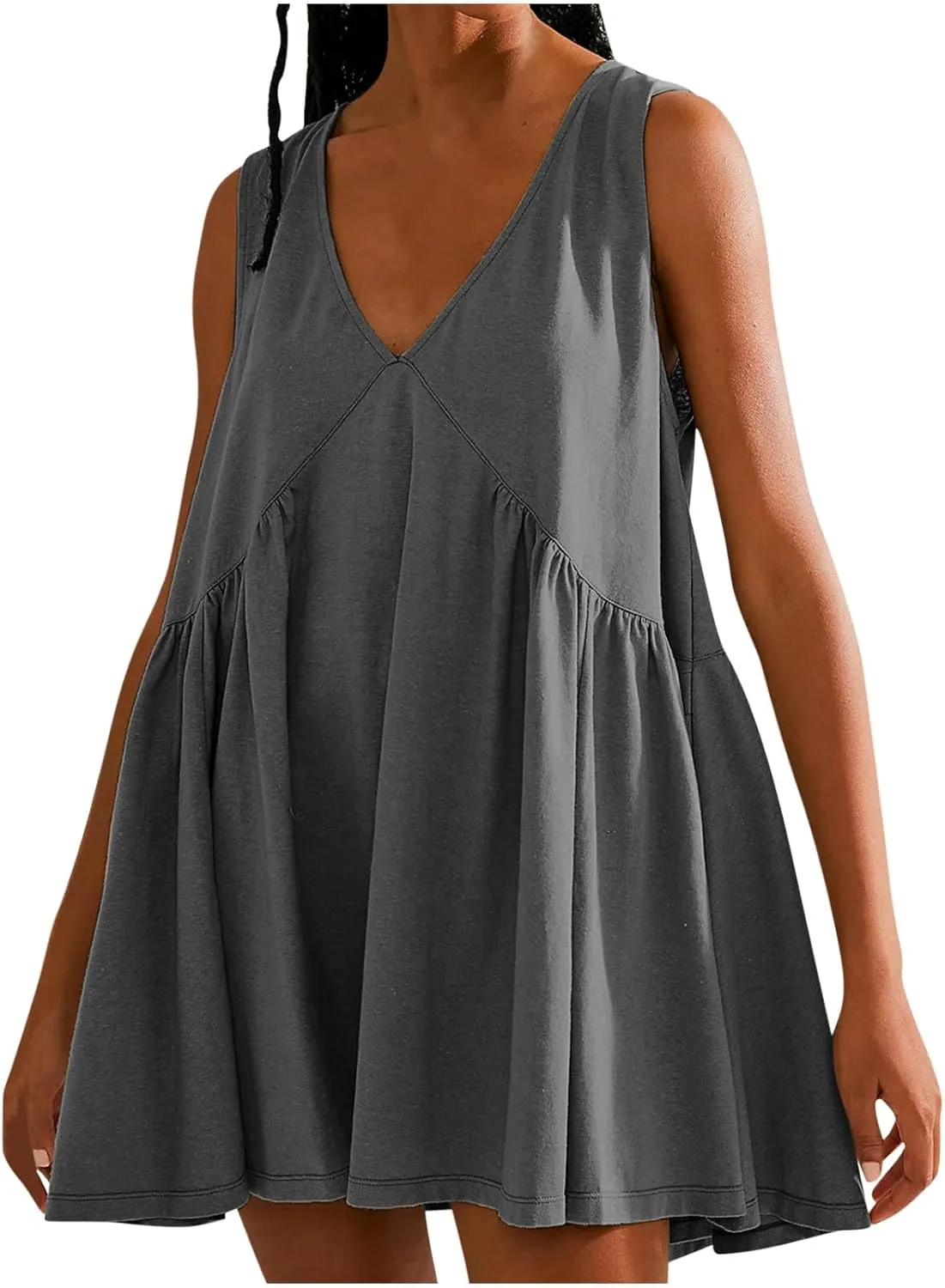 lcepcy Womens Summer Sleeveless Mini Sundress Casual Loose V Neck Swing Flowy Beach Dress with Pocket Pleated Dresses