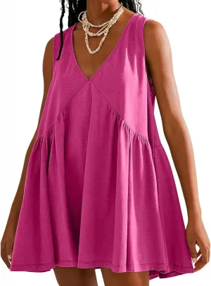 lcepcy Womens Summer Sleeveless Mini Sundress Casual Loose V Neck Swing Flowy Beach Dress with Pocket Pleated Dresses