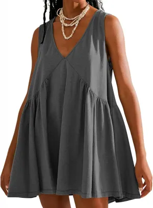 lcepcy Womens Summer Sleeveless Mini Sundress Casual Loose V Neck Swing Flowy Beach Dress with Pocket Pleated Dresses