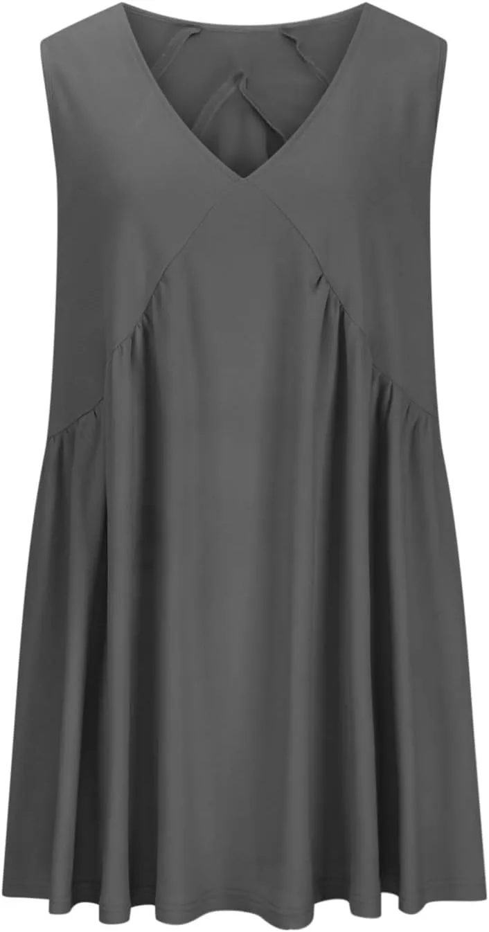 lcepcy Womens Summer Sleeveless Mini Sundress Casual Loose V Neck Swing Flowy Beach Dress with Pocket Pleated Dresses