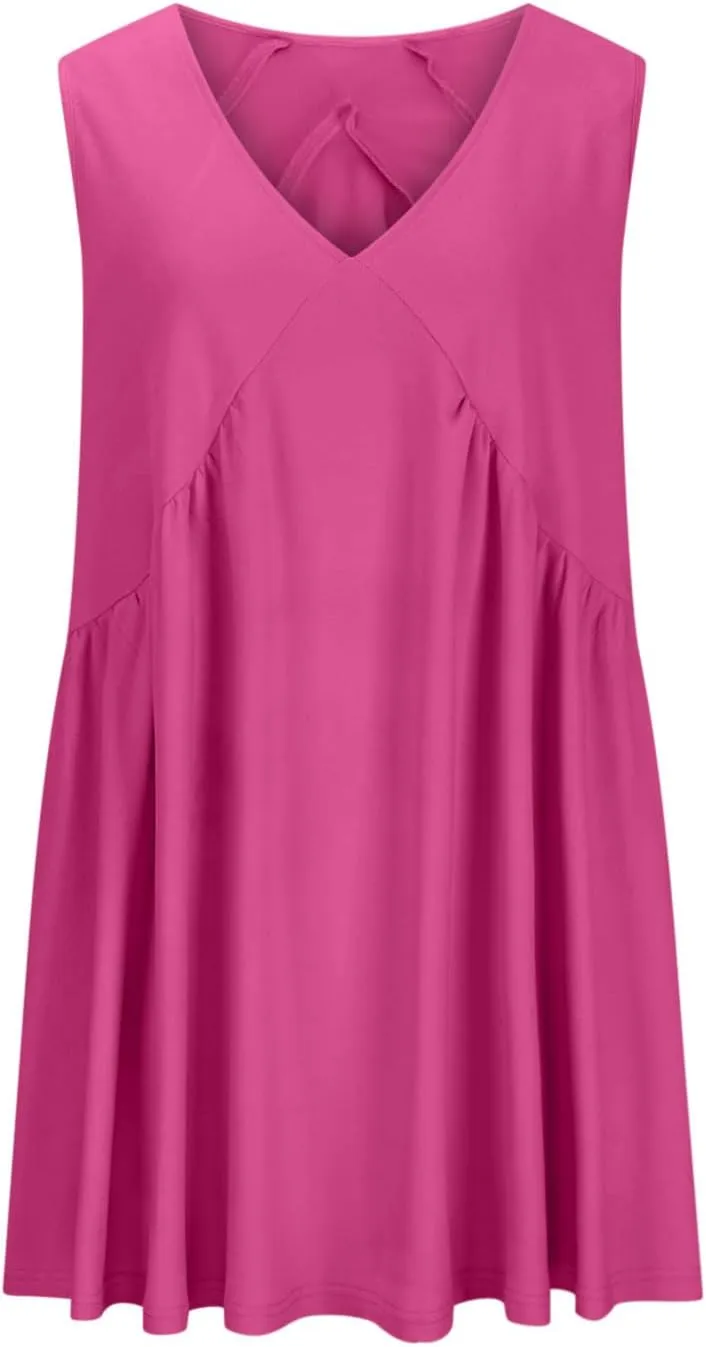 lcepcy Womens Summer Sleeveless Mini Sundress Casual Loose V Neck Swing Flowy Beach Dress with Pocket Pleated Dresses