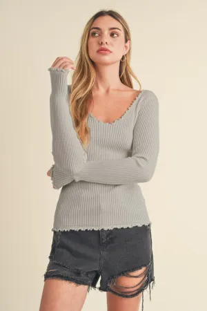 Lettuce Hem Scoop Neck Long Sleeve Knit Top