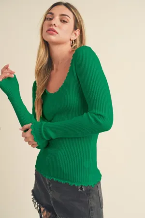 Lettuce Hem Scoop Neck Long Sleeve Knit Top